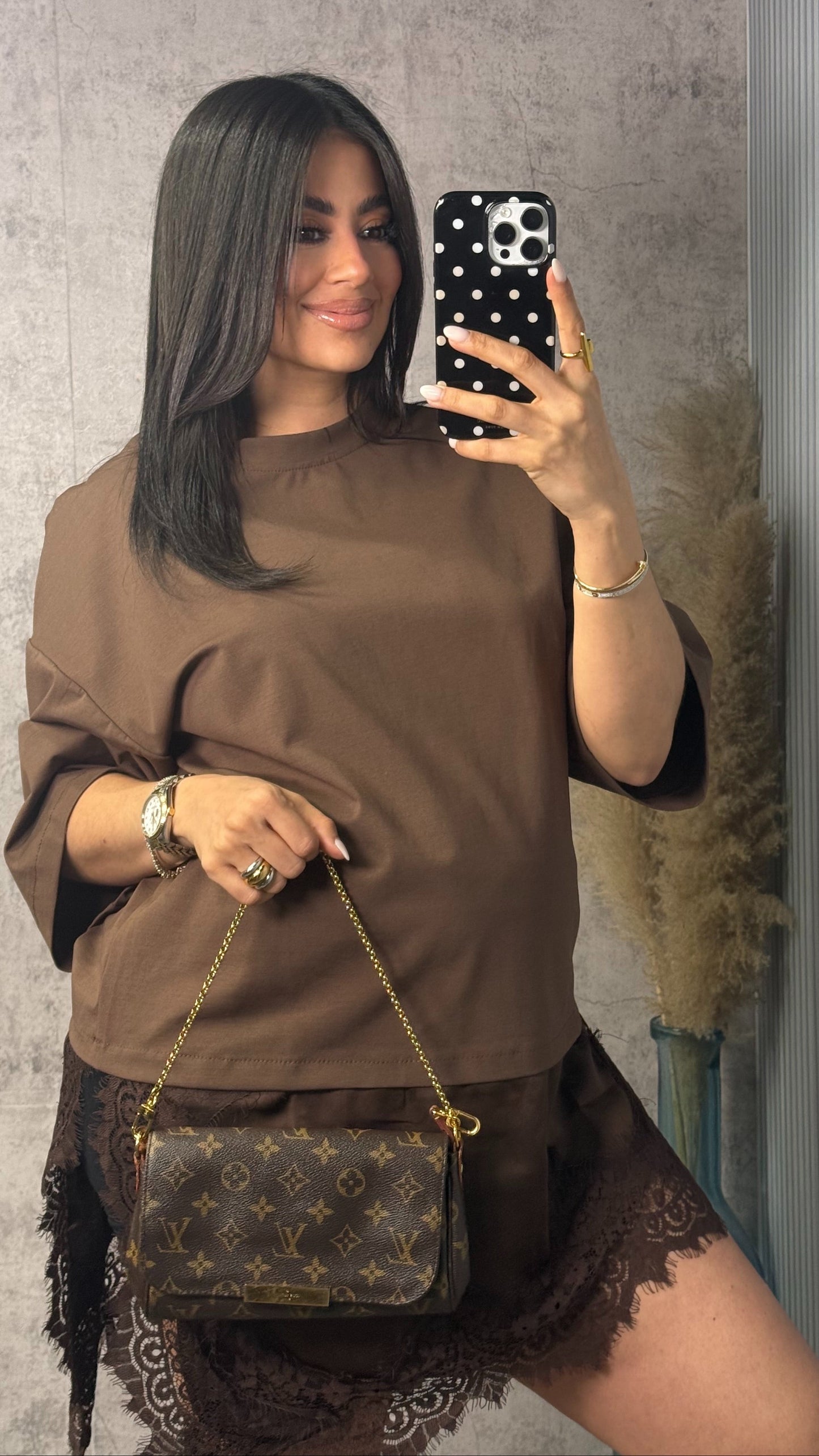 OVER SIZED SHIRT DRESS W LACE BUTTER BROWN