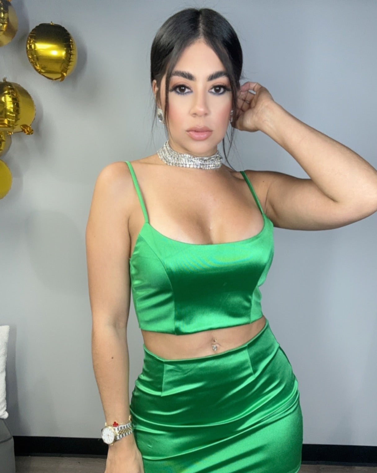 Skirt Green Satin Set