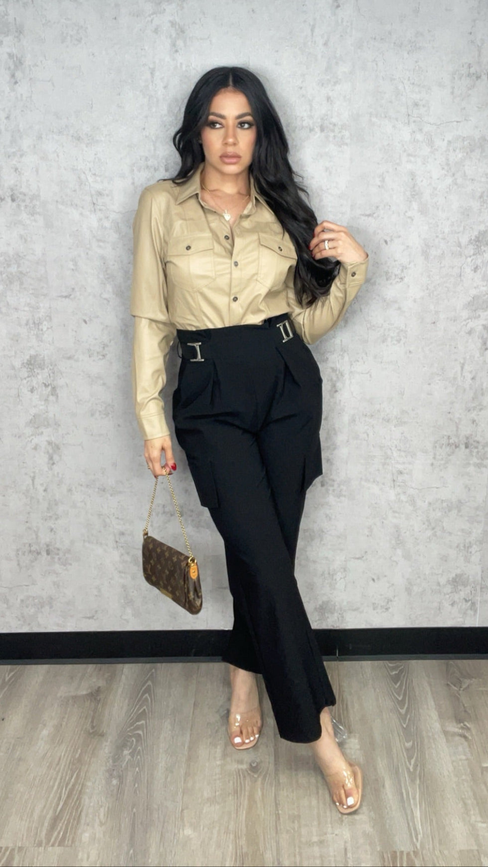 Stretchy Woven Buckle Belt Cargo Black Pants