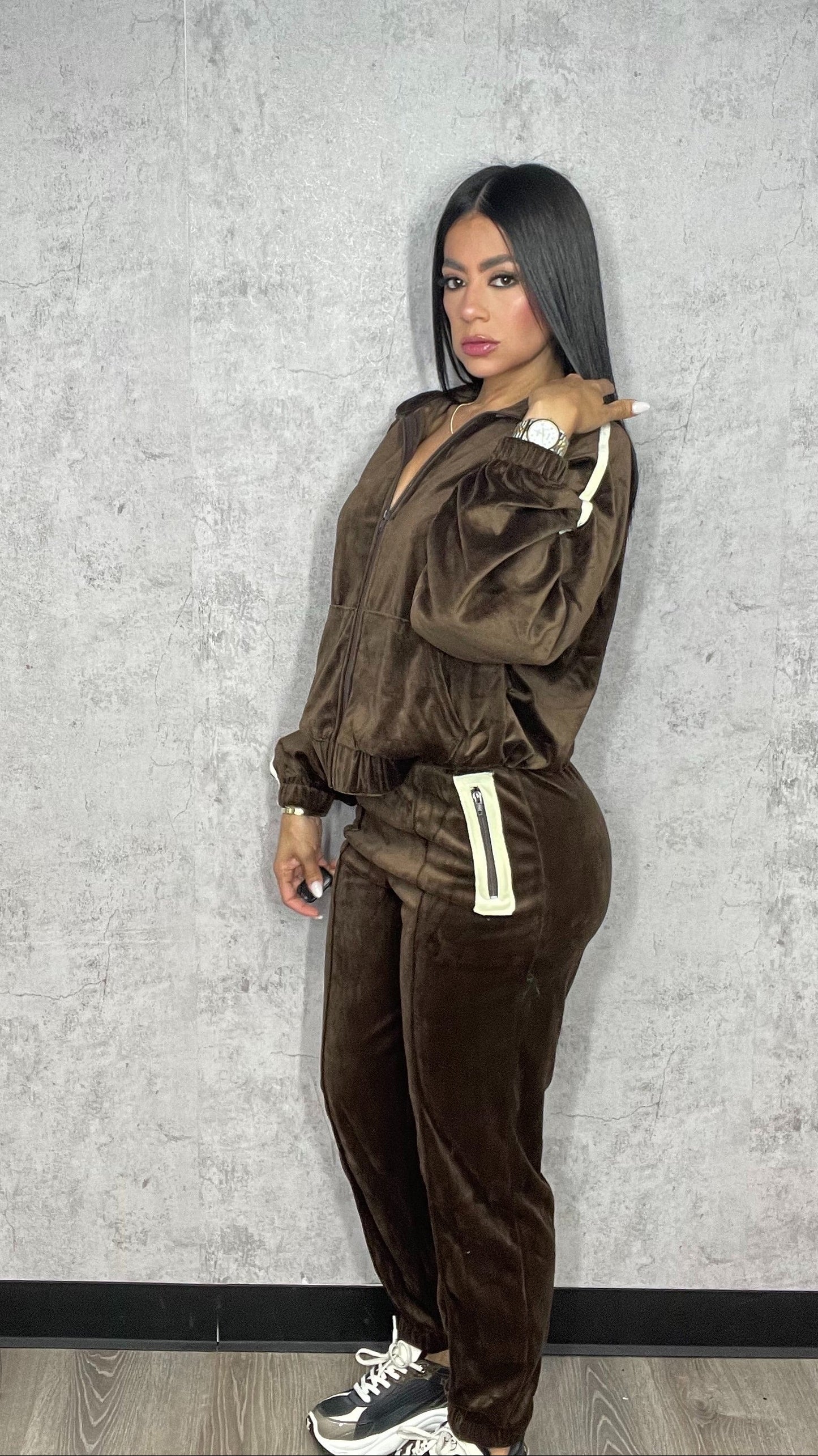Velour Tracksuit Pants Set Brown