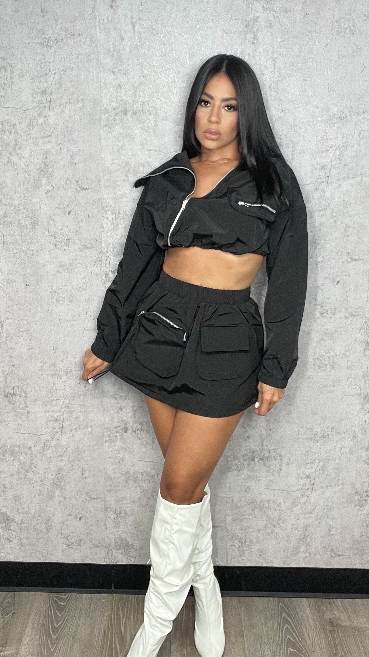 Laura ASYMMETRICAL ZIP UP TOP AND CARGO MINI SKIRT SET