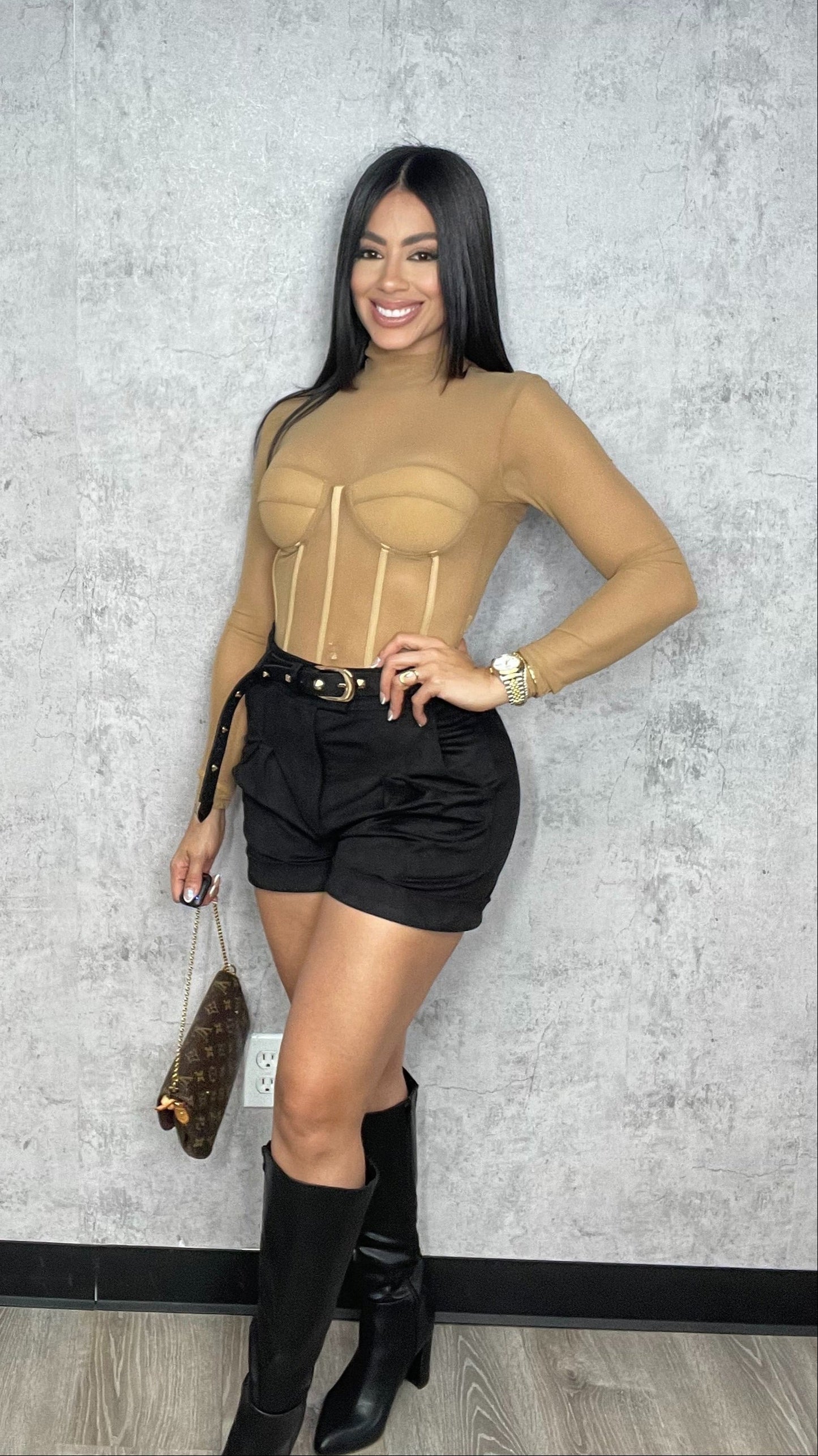 Mesh Mock Neck Top Taupe