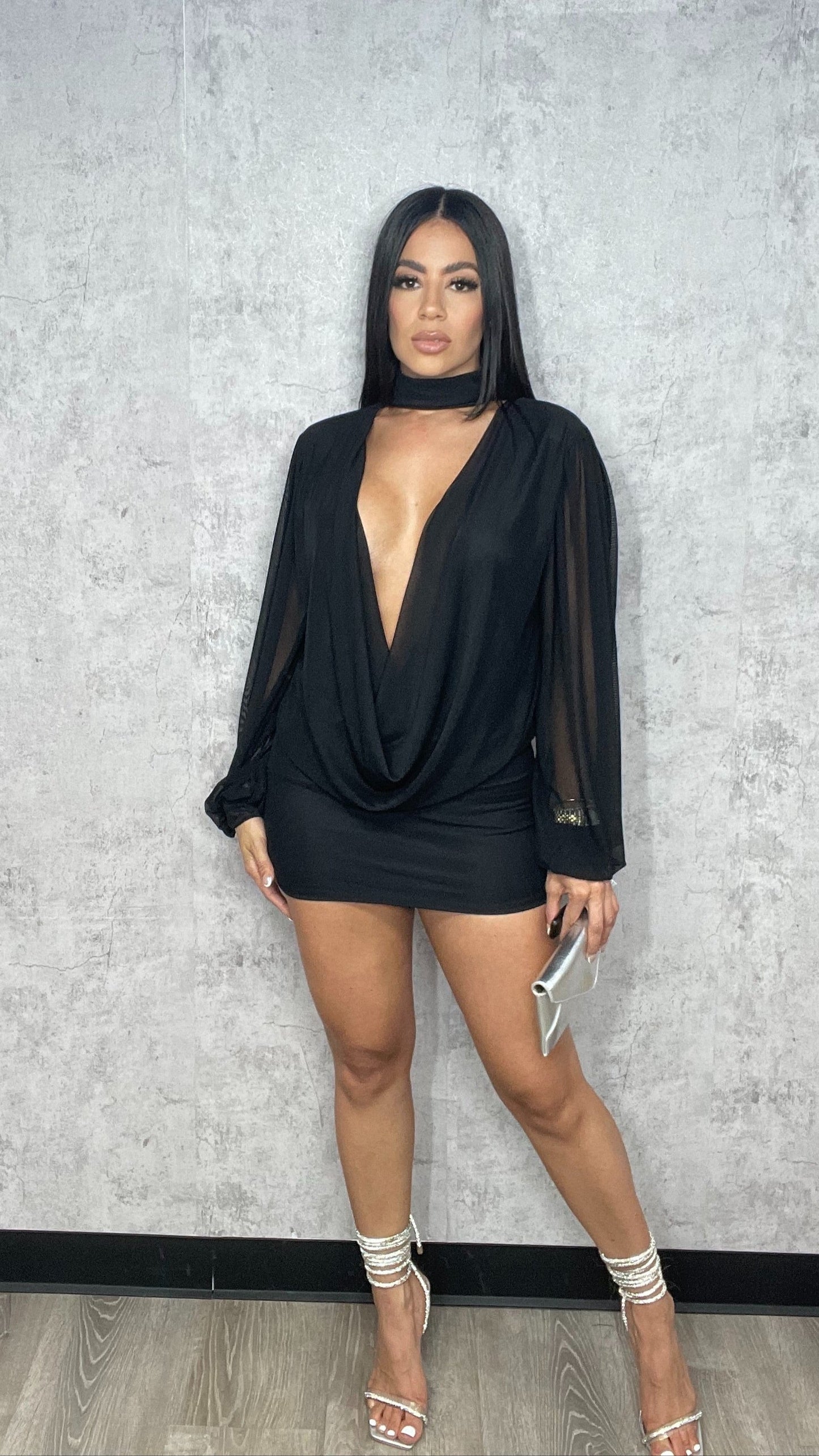 Choker Sheer Long Sleeve Mesh Dress Black