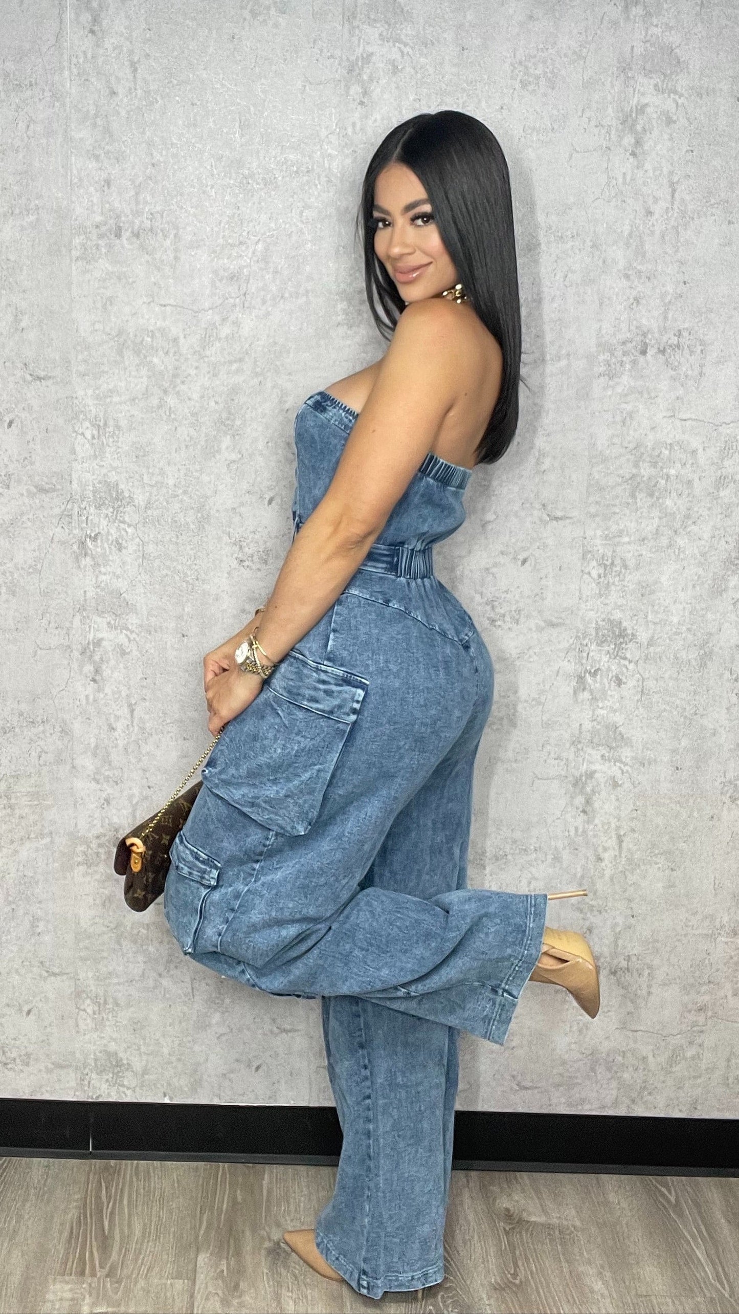 DENIM CARGO TUBE JUMPSUIT