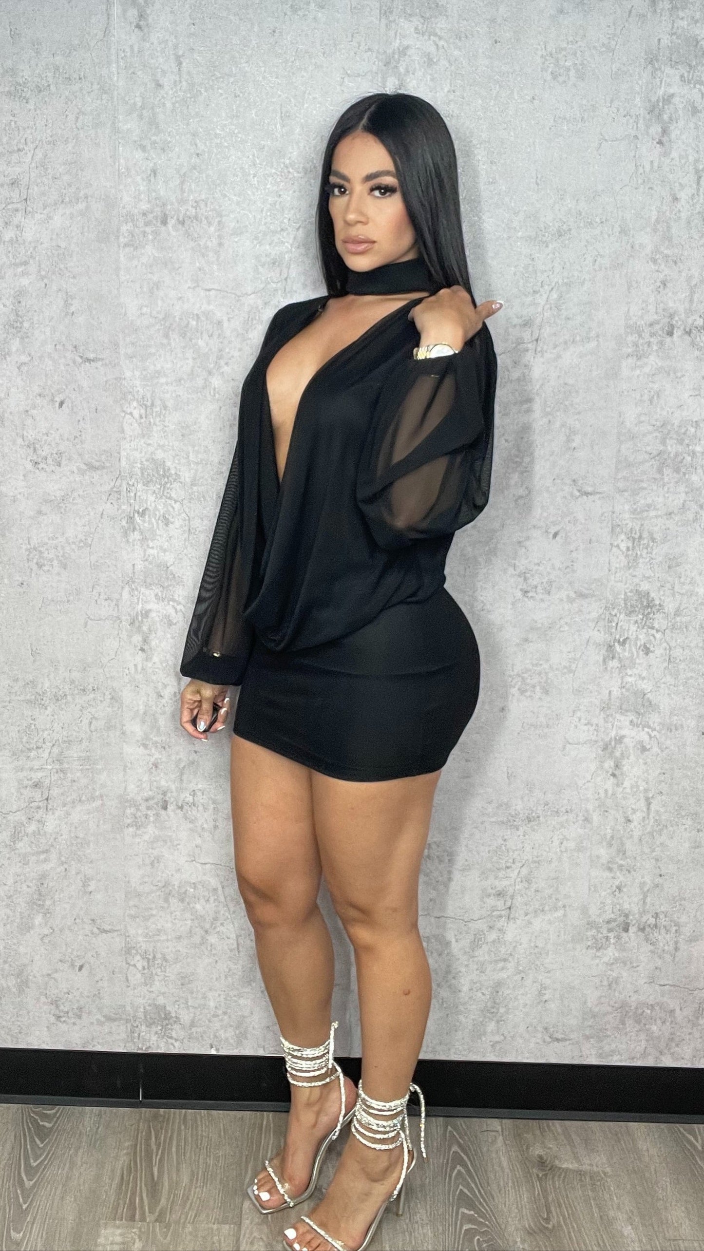 Choker Sheer Long Sleeve Mesh Dress Black