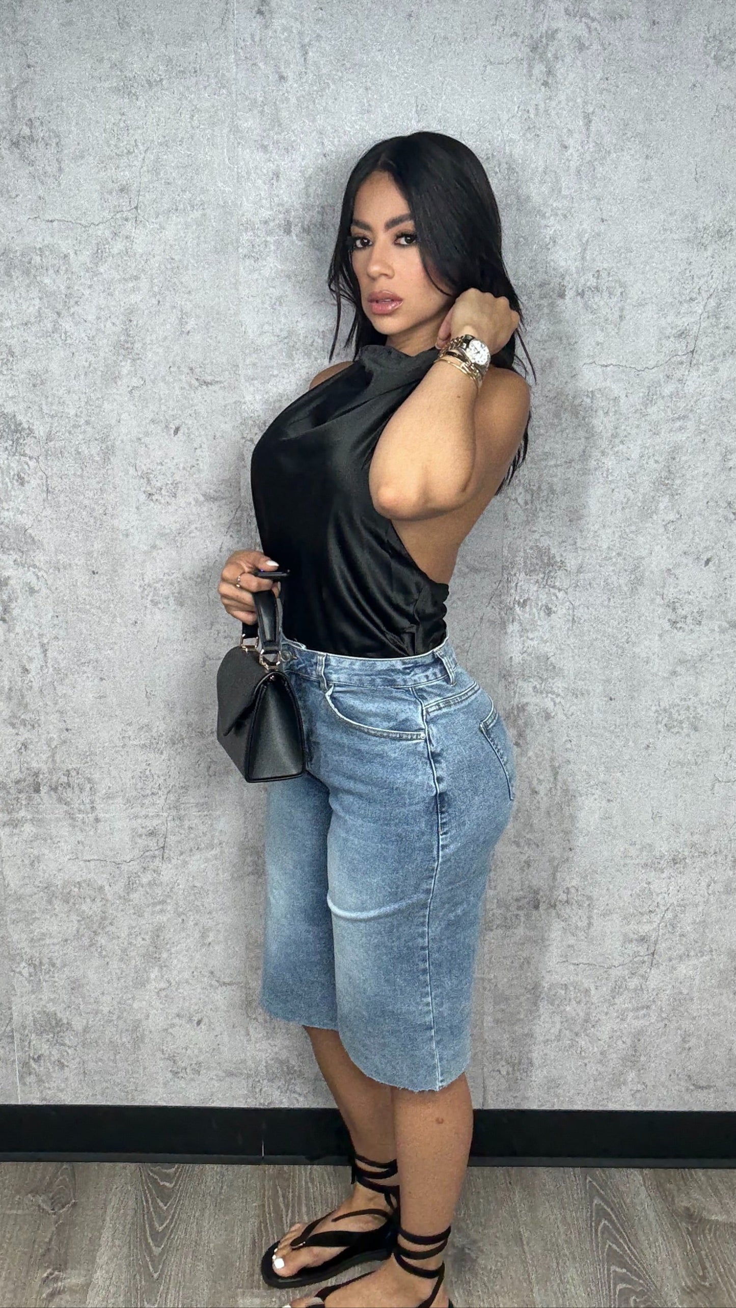 Halter Neck Satin Open Top Black