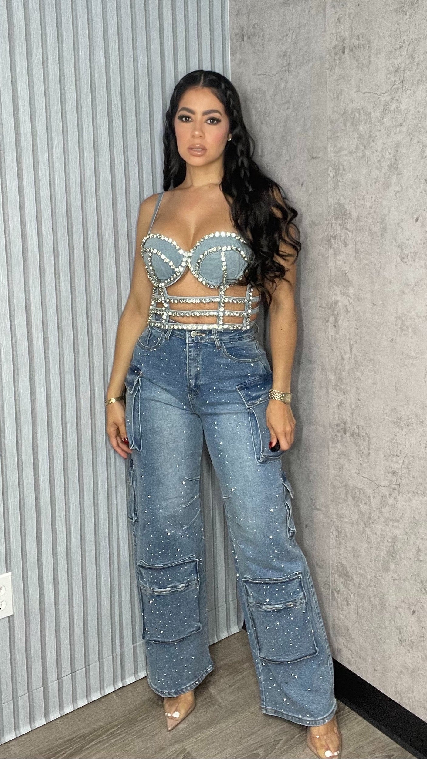 Rhinestone Bustier Denim