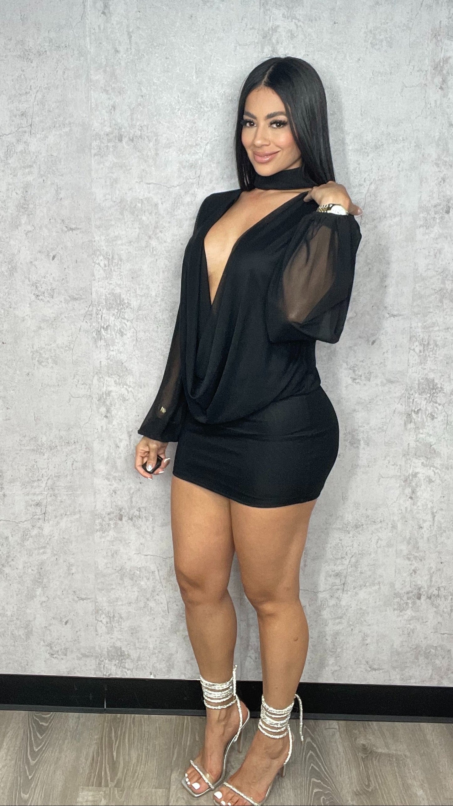 Choker Sheer Long Sleeve Mesh Dress Black