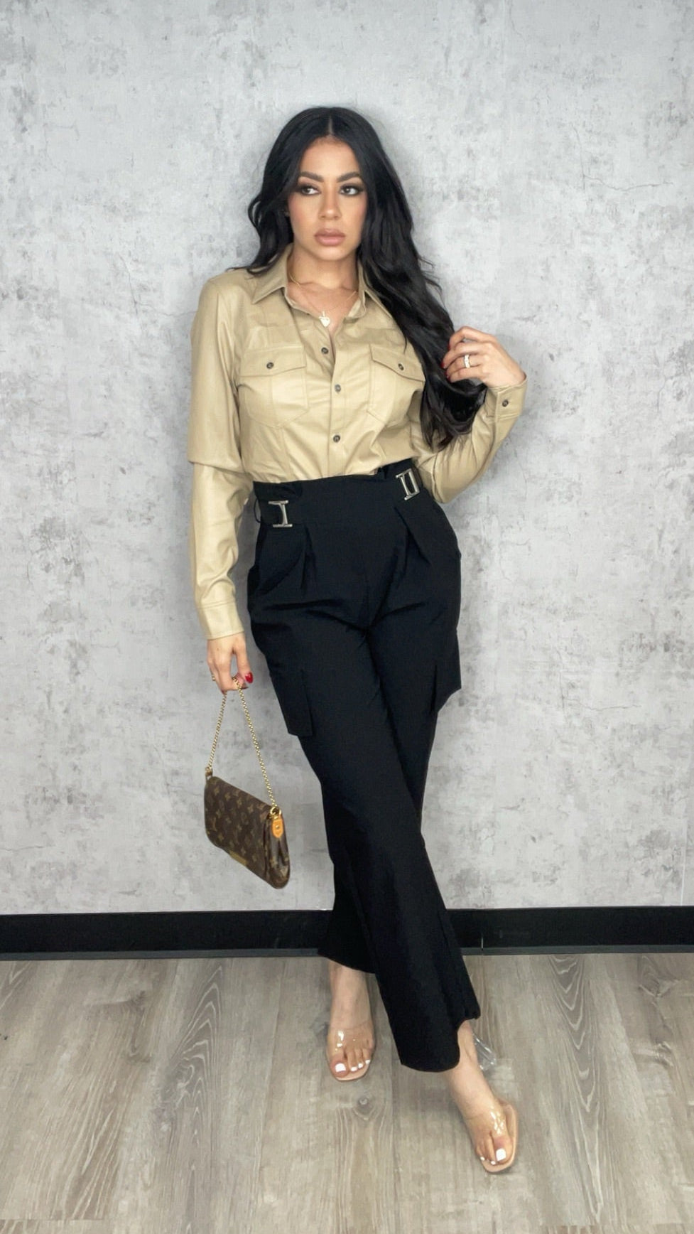 Leather Button Top Taupe
