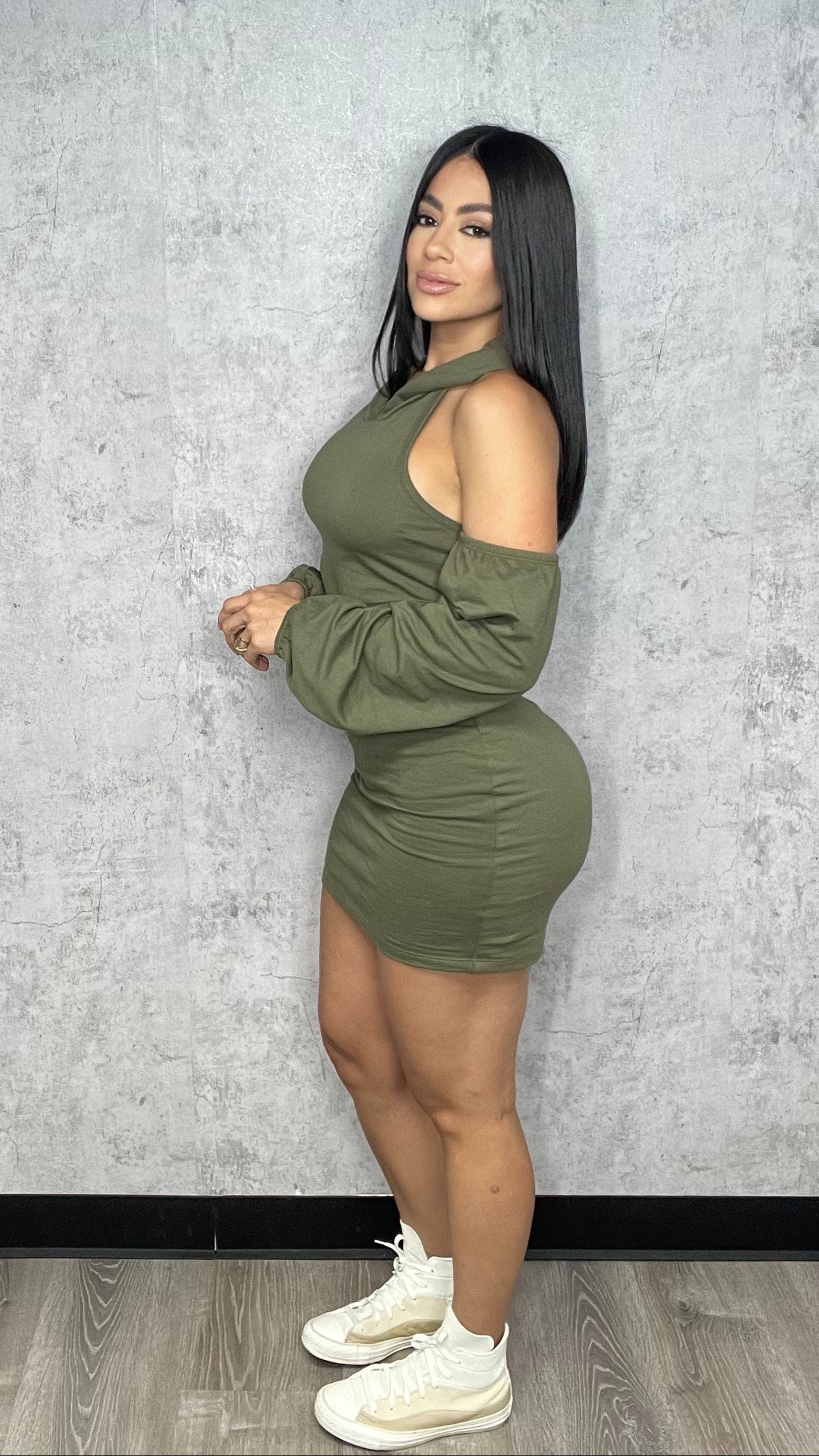 Hoodie Cut Out Dress Olive