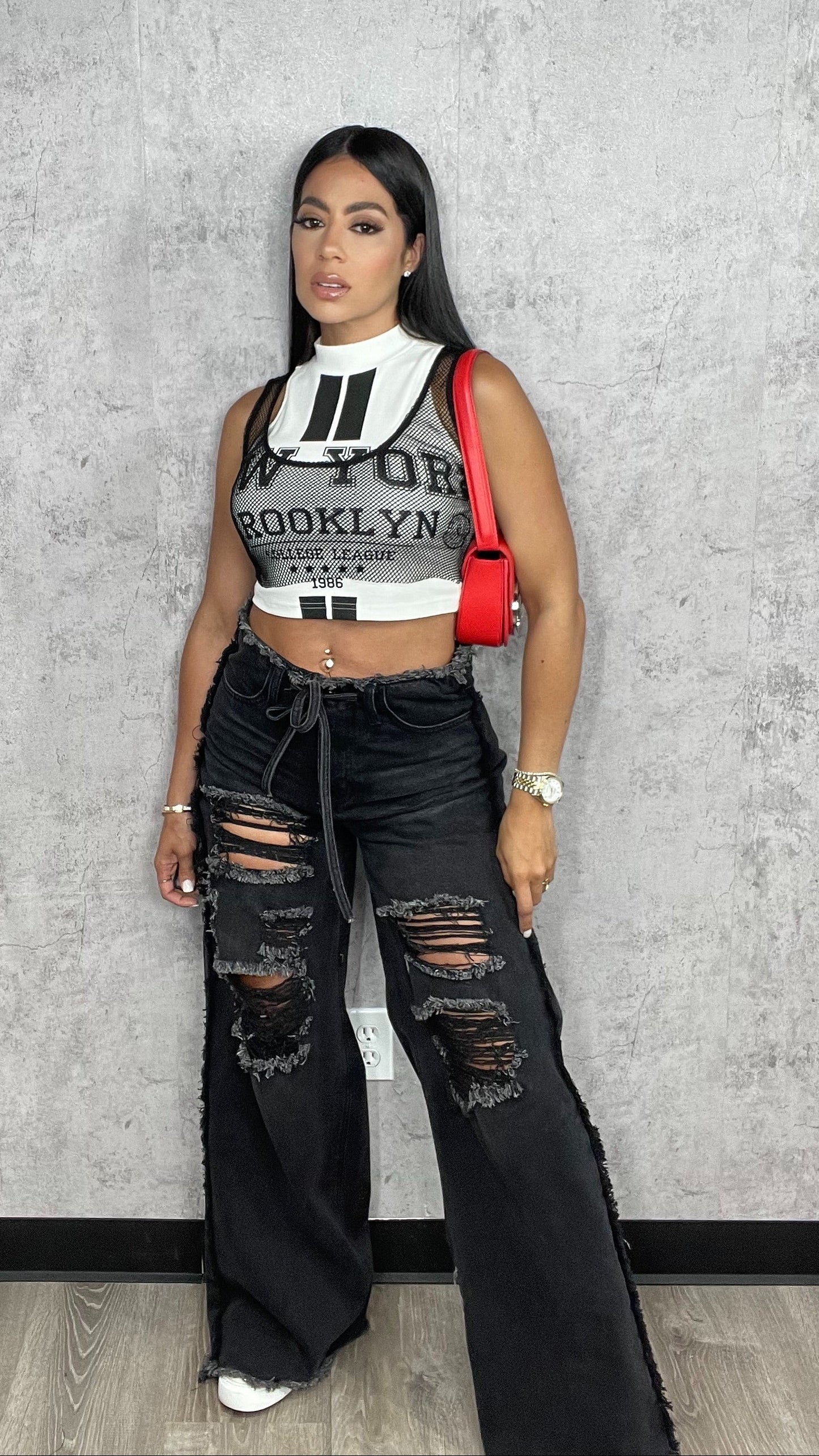 Drawstring Waist Distressed Wide Jeans Black