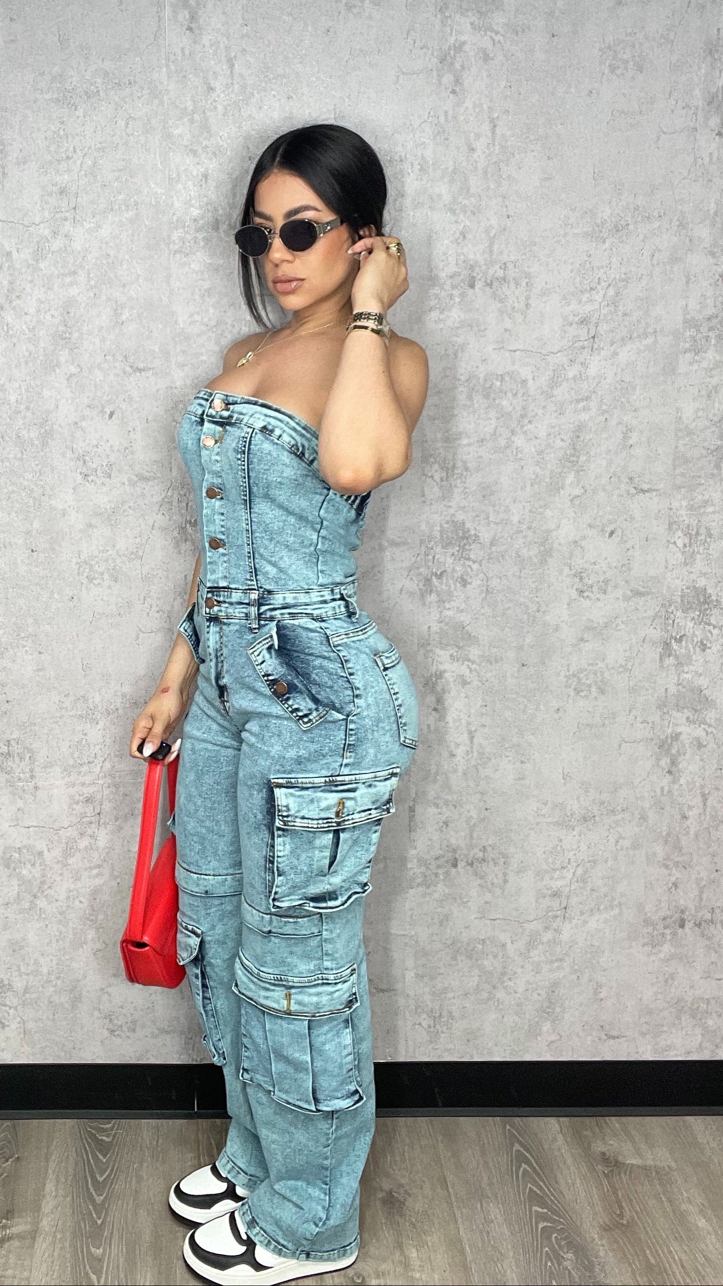 Washed Cargo Denim Jumpsuit