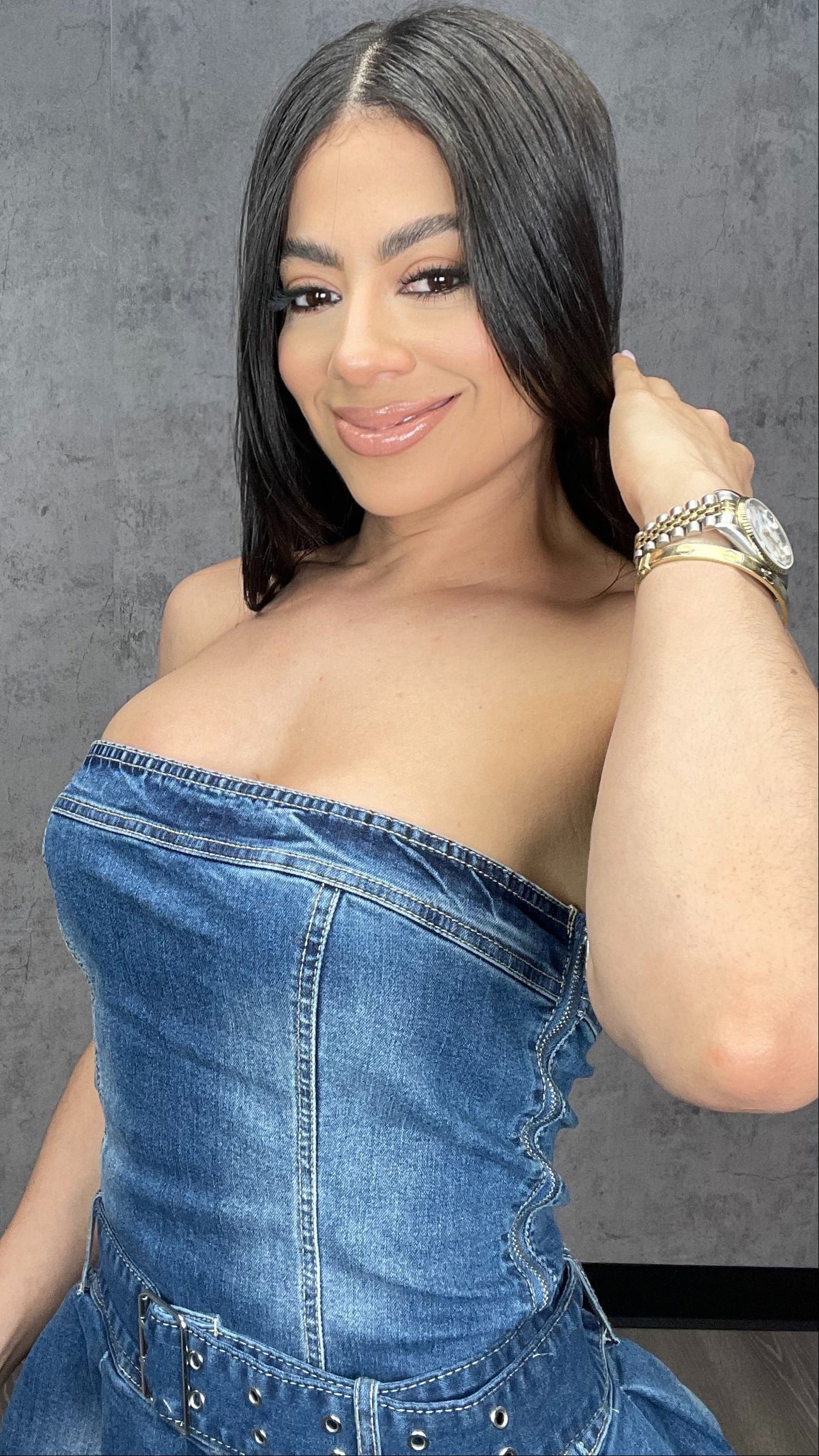 STRAPLESS WASHED DENIM FLARE DRESS