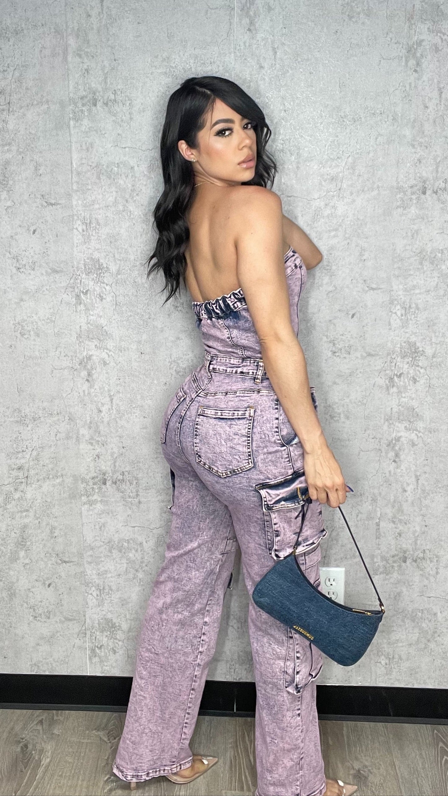 Washed Cargo Denim Jumpsuit Pink