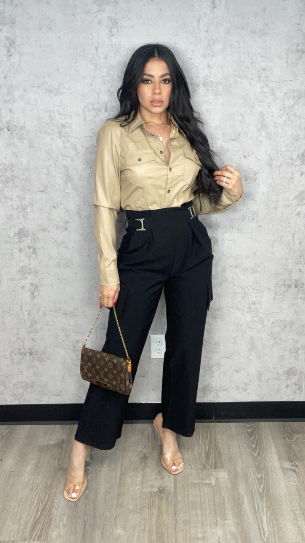 Stretchy Woven Buckle Belt Cargo Black Pants