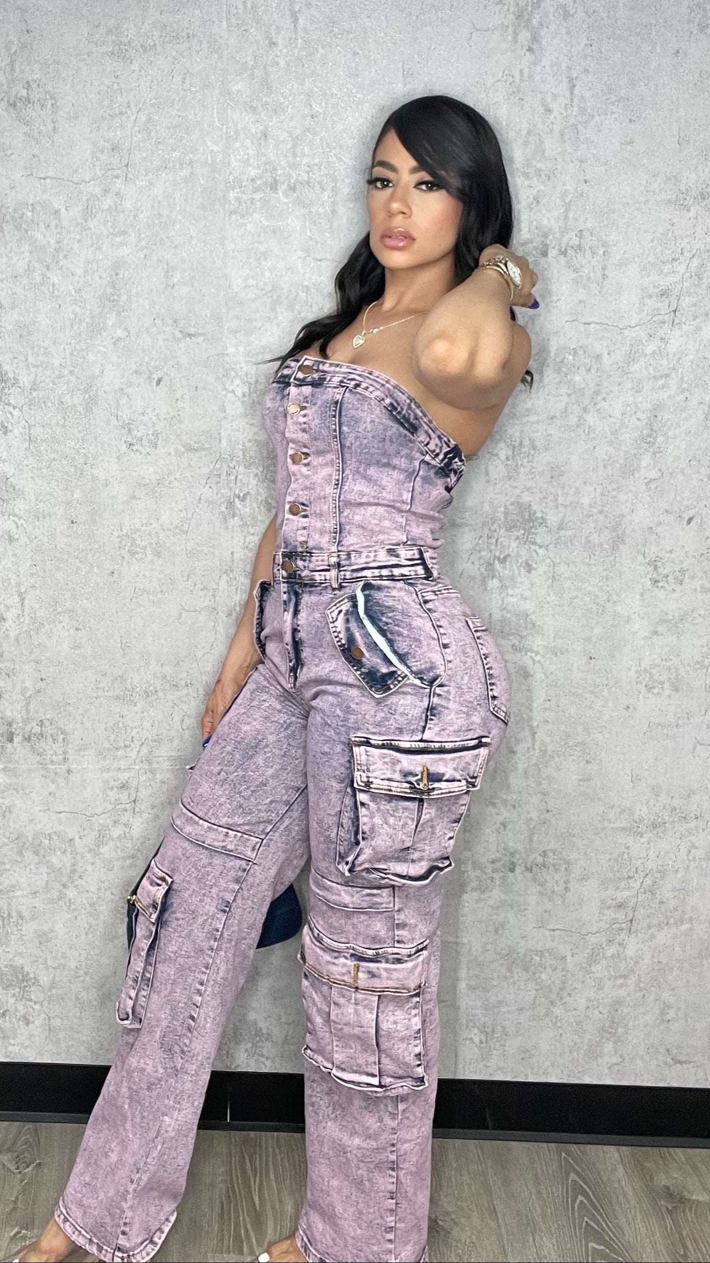 Washed Cargo Denim Jumpsuit Pink