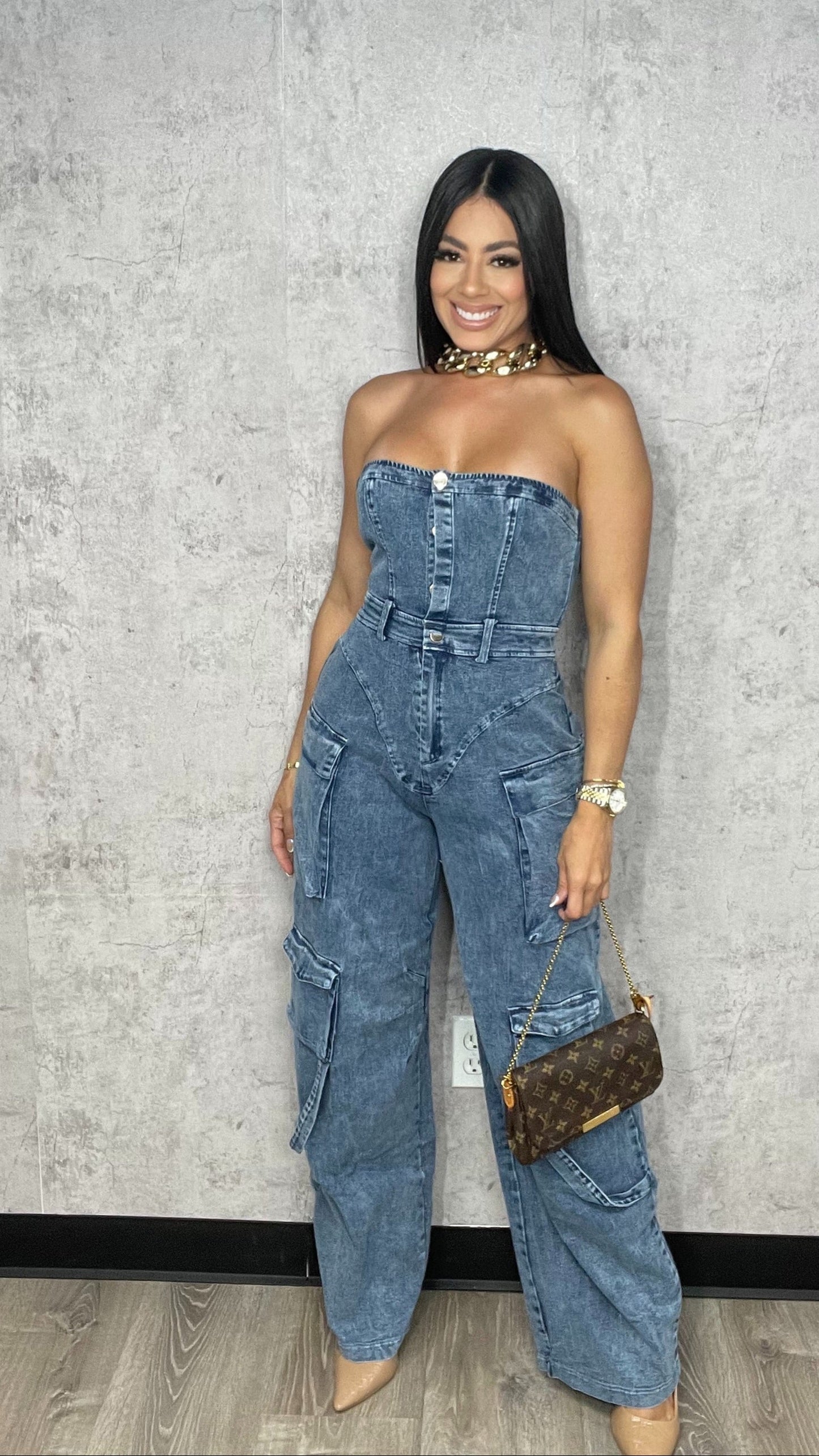 DENIM CARGO TUBE JUMPSUIT