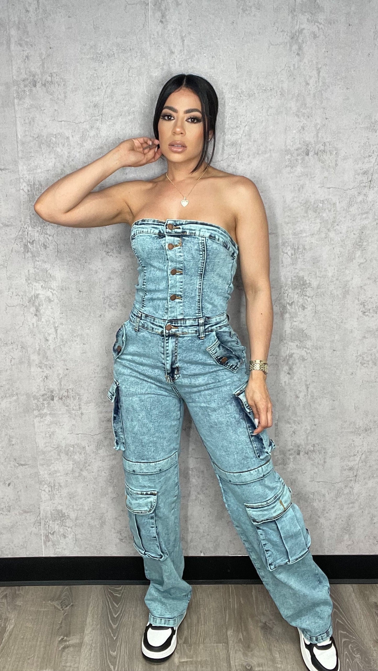 Washed Cargo Denim Jumpsuit