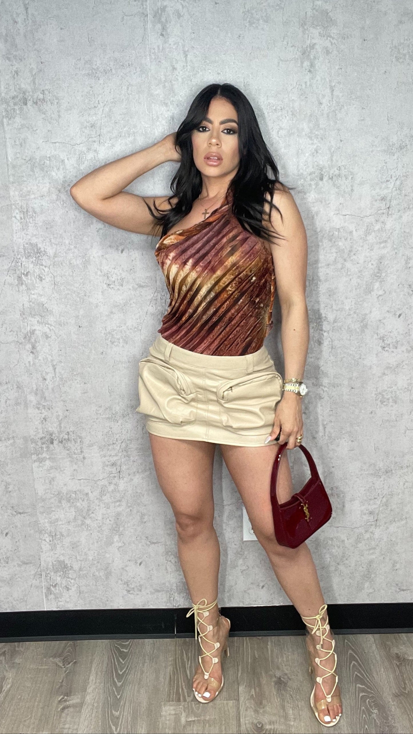 Faux Leather Mini Cargo Skirts Taupe