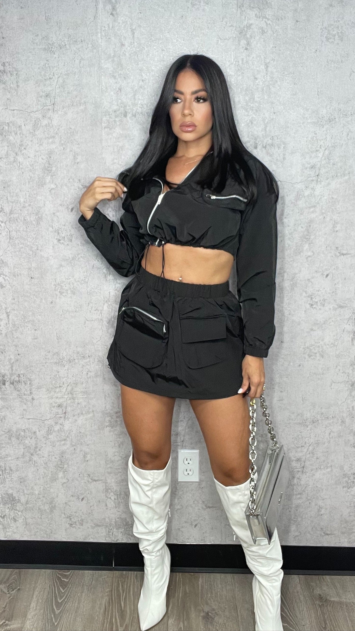Laura ASYMMETRICAL ZIP UP TOP AND CARGO MINI SKIRT SET