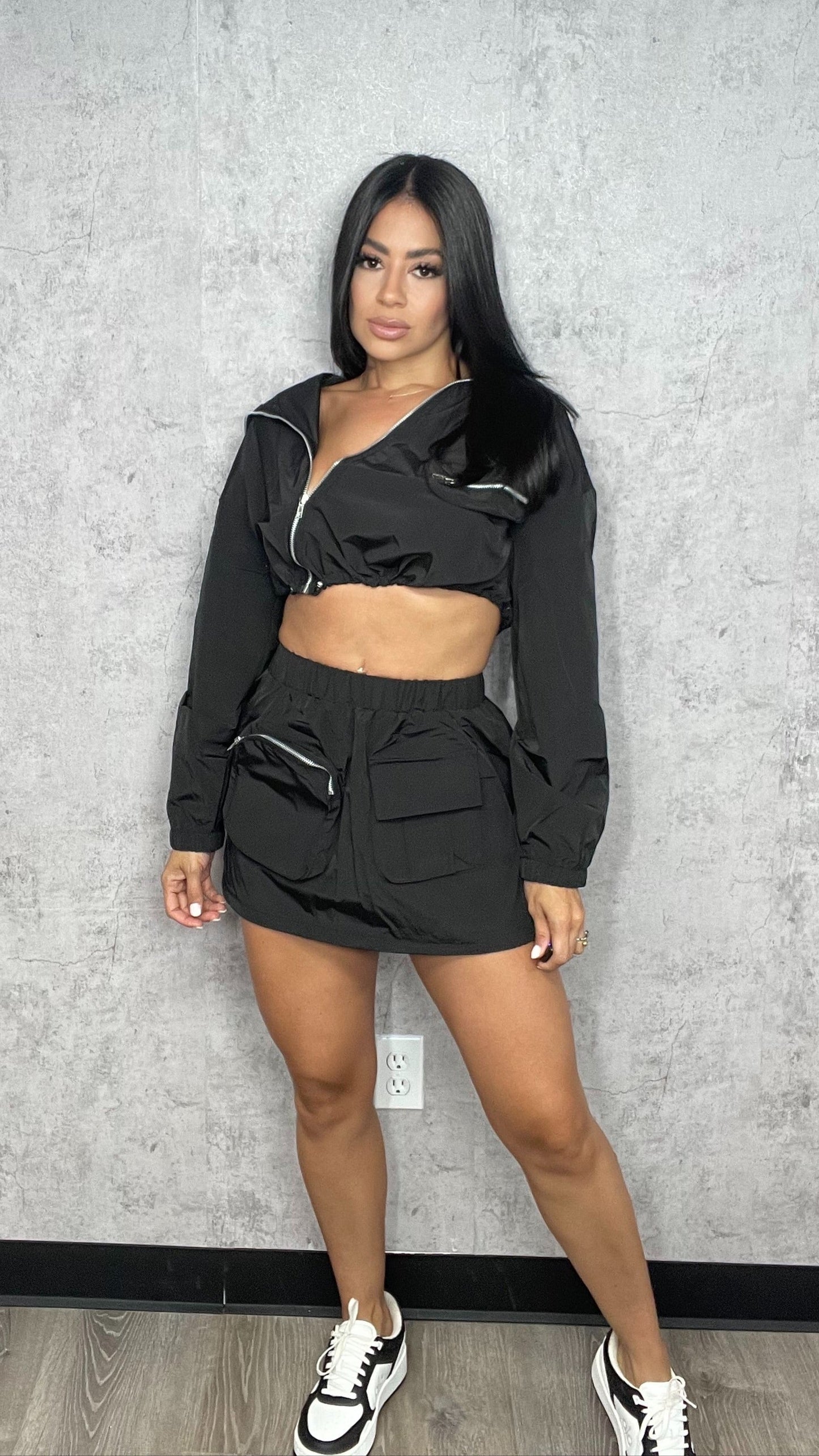 Laura ASYMMETRICAL ZIP UP TOP AND CARGO MINI SKIRT SET