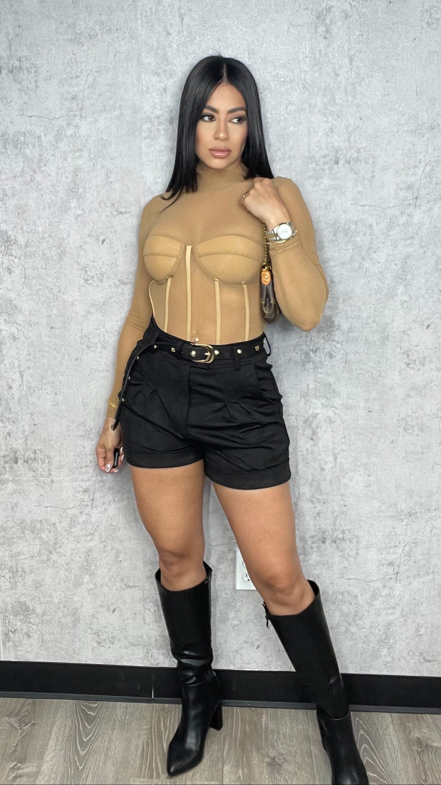 Mesh Mock Neck Top Taupe