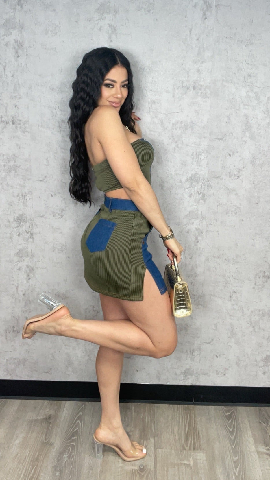 Olive and Denim Skirt Set