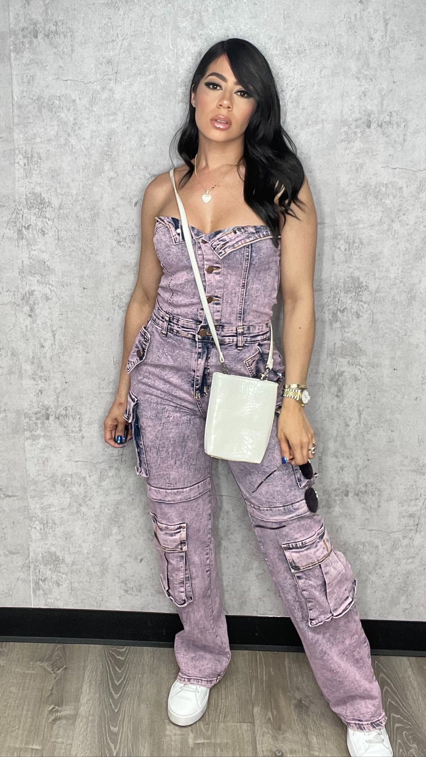 Washed Cargo Denim Jumpsuit Pink