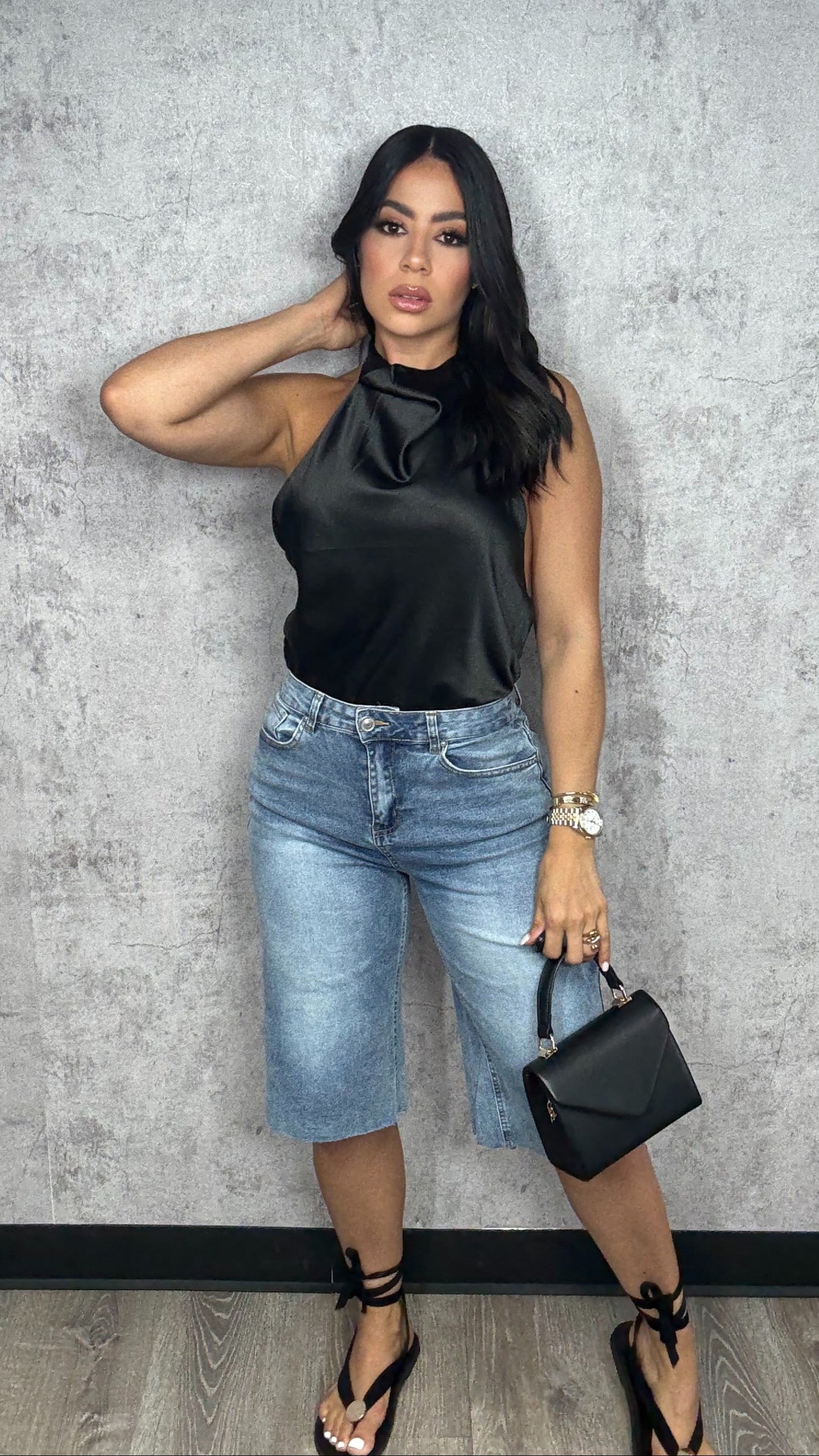 Halter Neck Satin Open Top Black