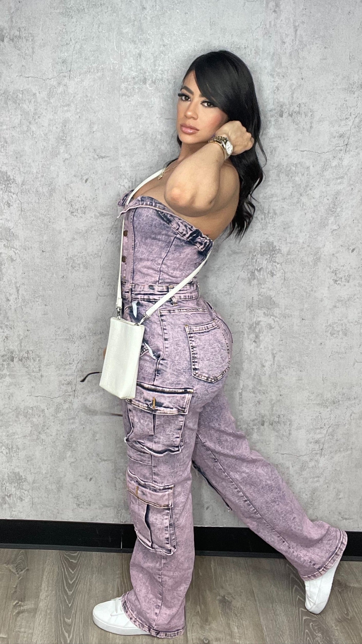 Washed Cargo Denim Jumpsuit Pink
