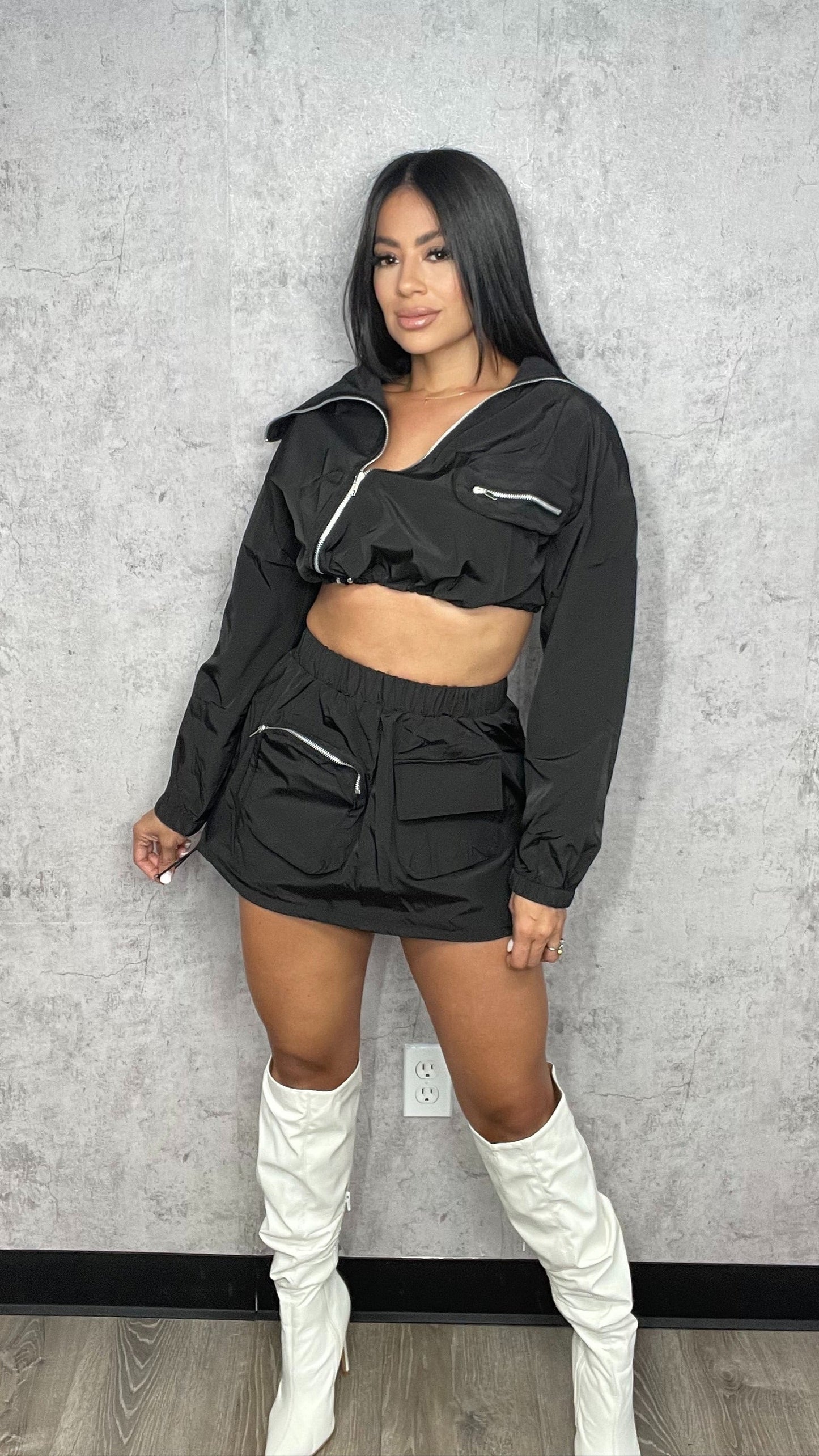 Laura ASYMMETRICAL ZIP UP TOP AND CARGO MINI SKIRT SET