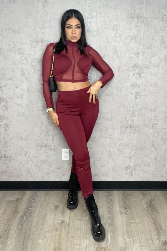 Mesh Burgundy Pants Set