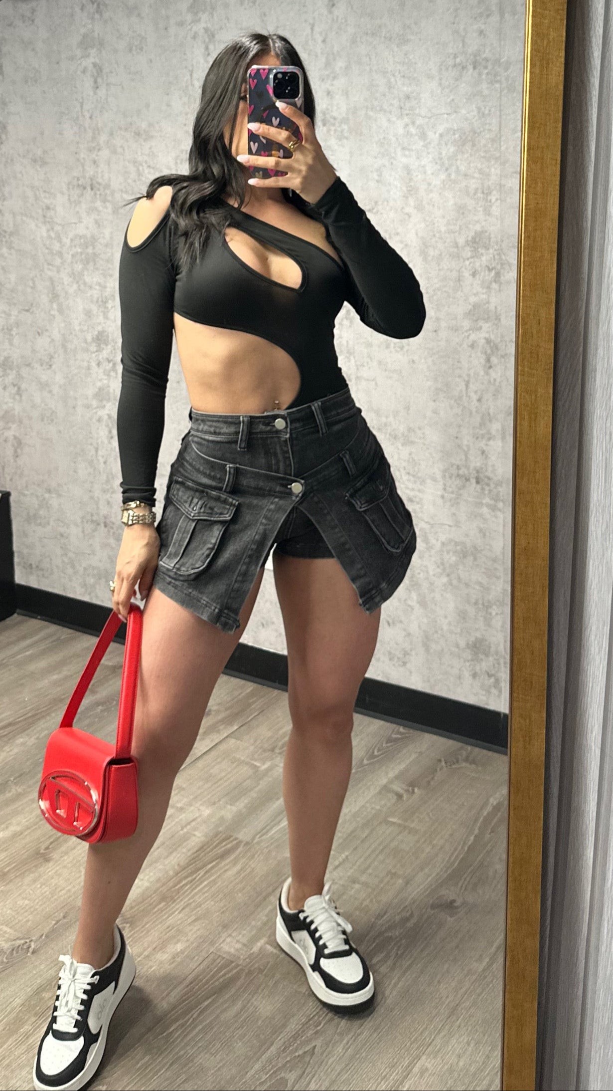 DOUBLE WAIST DENIM SKORT BLACK