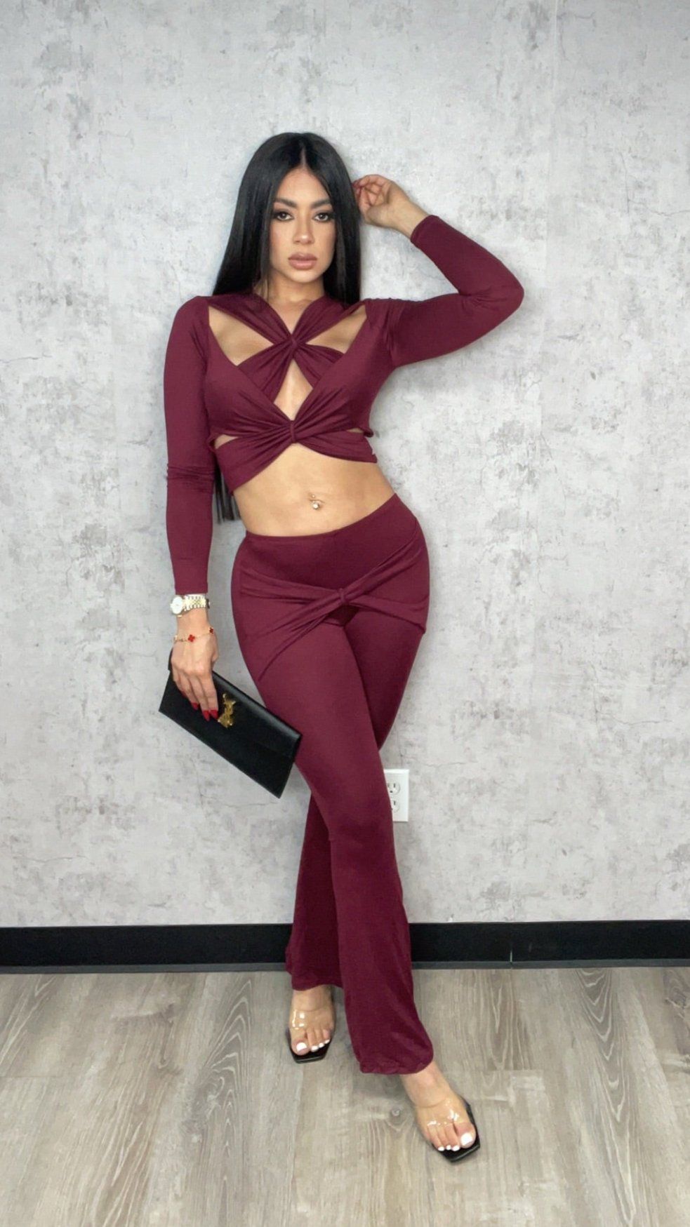 Burgundy Cutout Pants Set