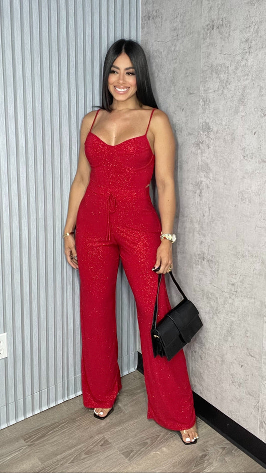 Glitter Bodysuit Pants Set Red