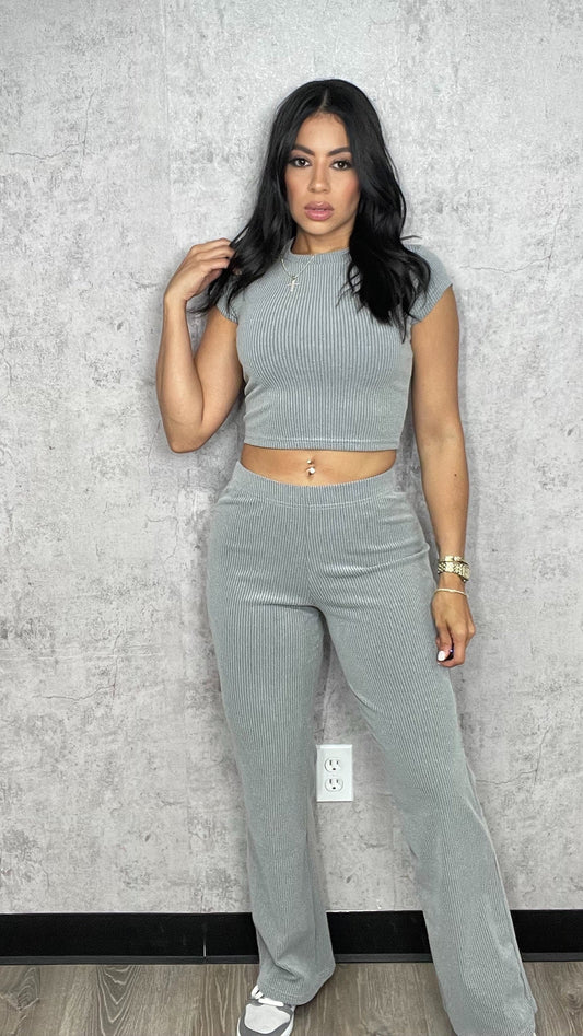 Soft Ribbed Crop and Wide Leg Pant Set Grey