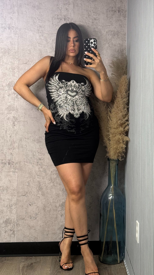 ANGEL RHINESTONE BLACK DRESS