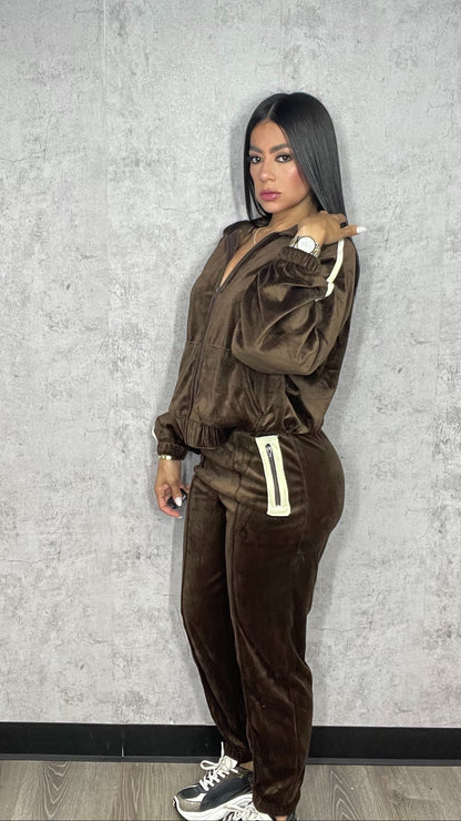 Velour Tracksuit Pants Set Brown