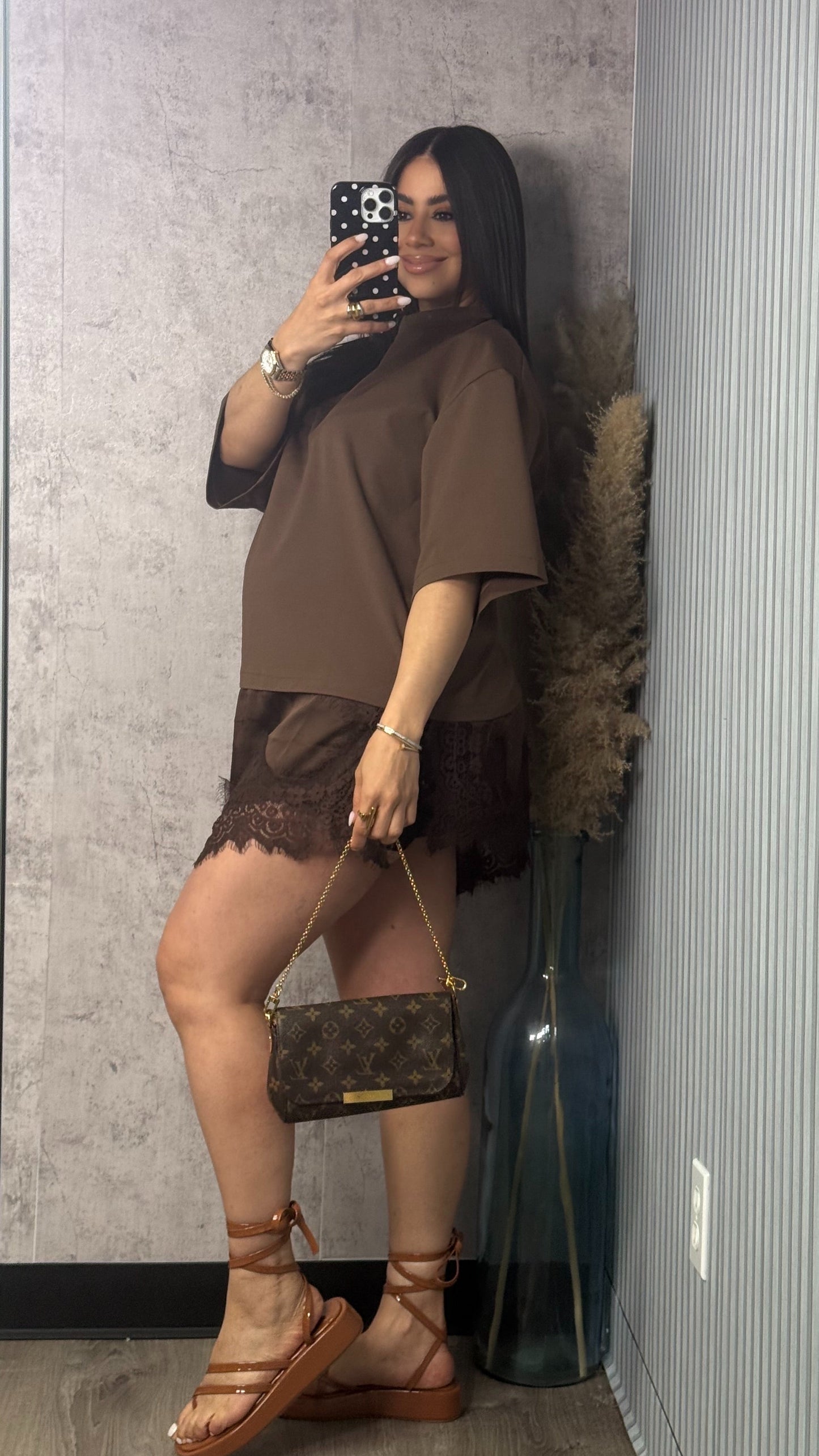 OVER SIZED SHIRT DRESS W LACE BUTTER BROWN