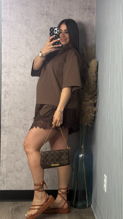 OVER SIZED SHIRT DRESS W LACE BUTTER BROWN