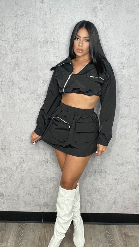 Laura ASYMMETRICAL ZIP UP TOP AND CARGO MINI SKIRT SET