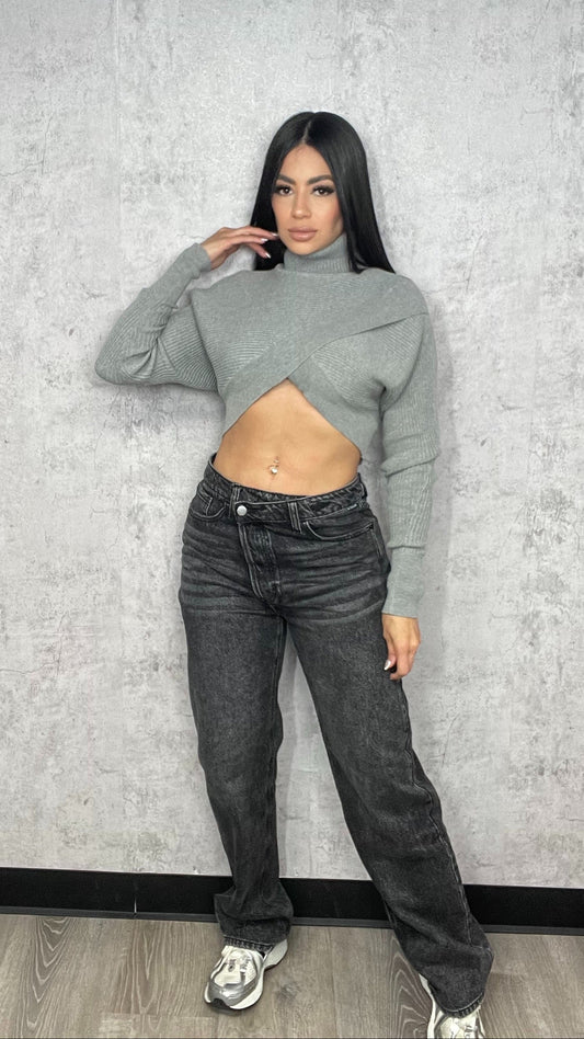 ASYMMETRIC WAIST ACID BLACK STRAIGHT LEG JEANS CELLO