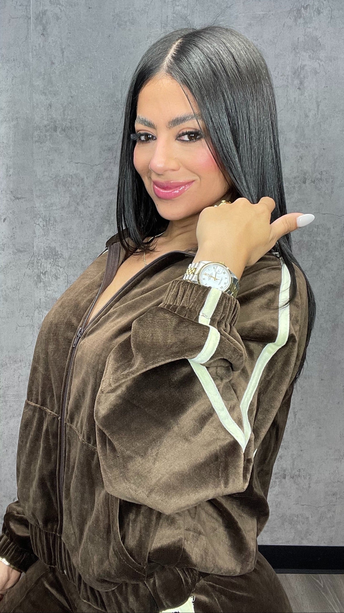 Velour Tracksuit Pants Set Brown