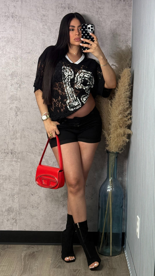 LORE HIGH RISE STRETCHY DENIM SHORT BLACK