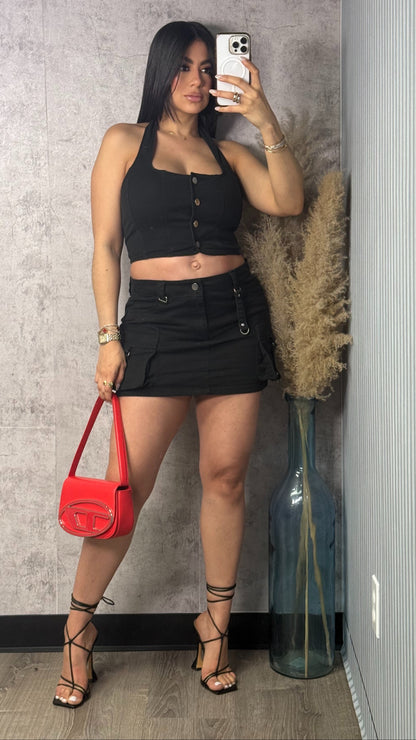 BLACK DENIM SKIRT SET