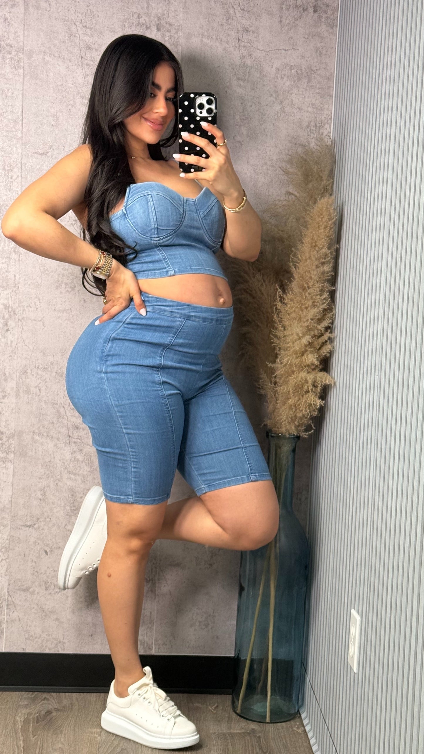 BUSTIER AND BIKER SHORT DENIM SET