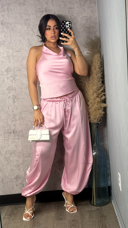 PINK SATIN AND BARRIL PANTS SET