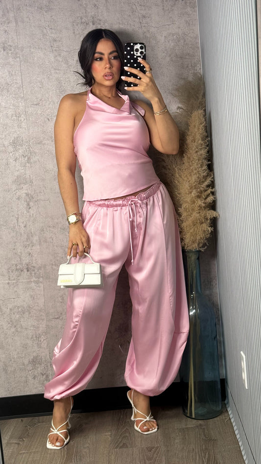 PINK SATIN AND BARRIL PANTS SET