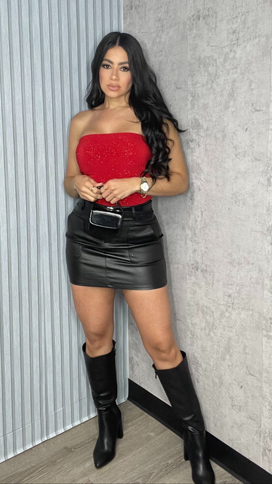 FAUX LEATHER HIGH RISE SKIRT WITH BELT