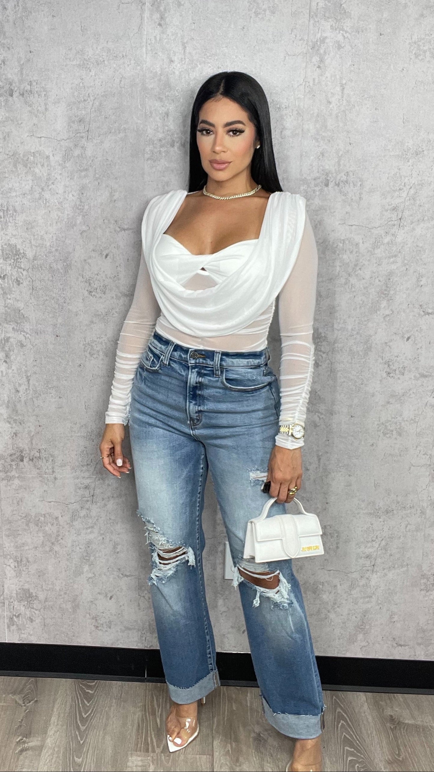 Long Sleeve Mesh Bodysuit White